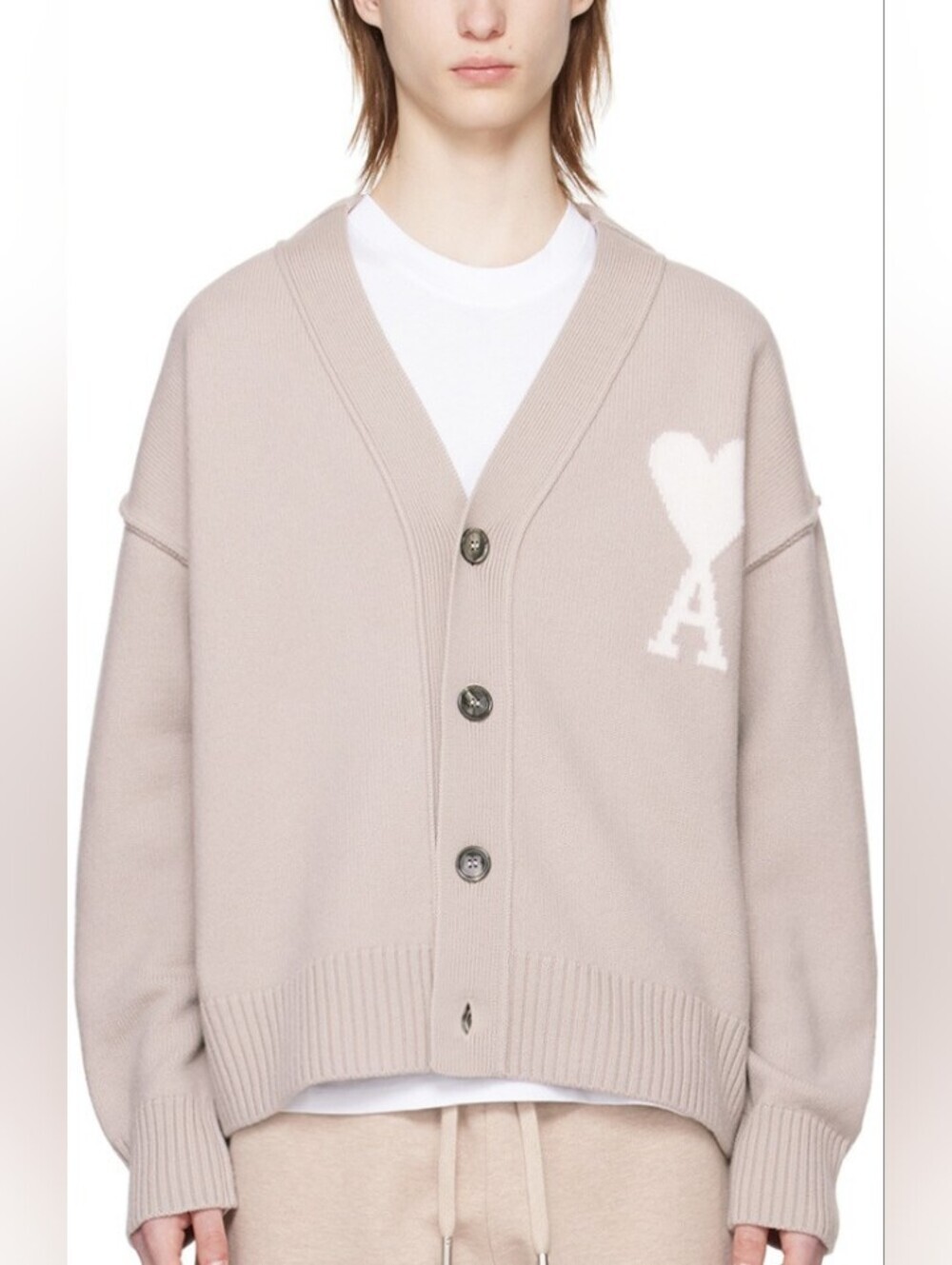 AMI Paris Beige Heart A Luxe Cotton Cardigan Sweater, L